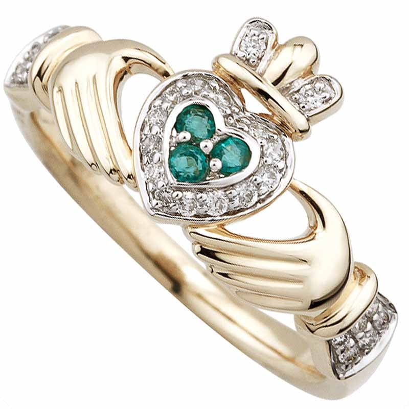Product image for Irish Ring - Ladies 14k Gold Emerald and Diamond Encrusted Claddagh Ring