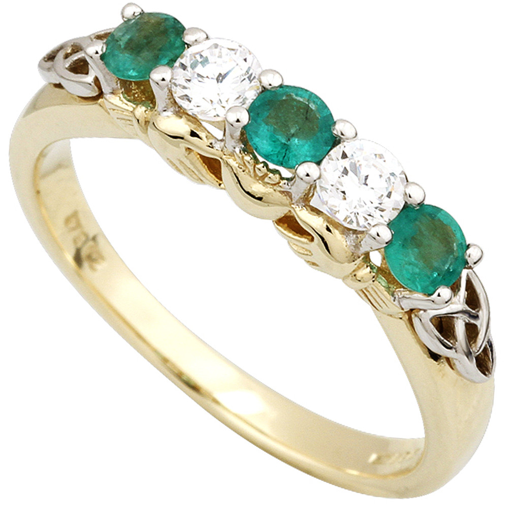 10k Yellow Gold Trinity Knot Band Claddagh Ring with Emerald Green CZ Heart 