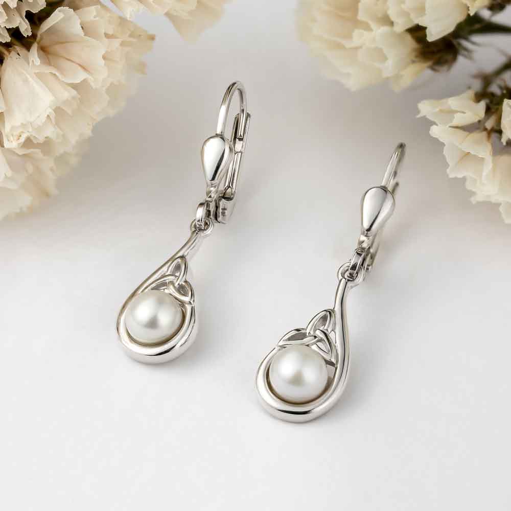 Product image for Celtic Earrings - Sterling Silver Trinity Pearl Earrings