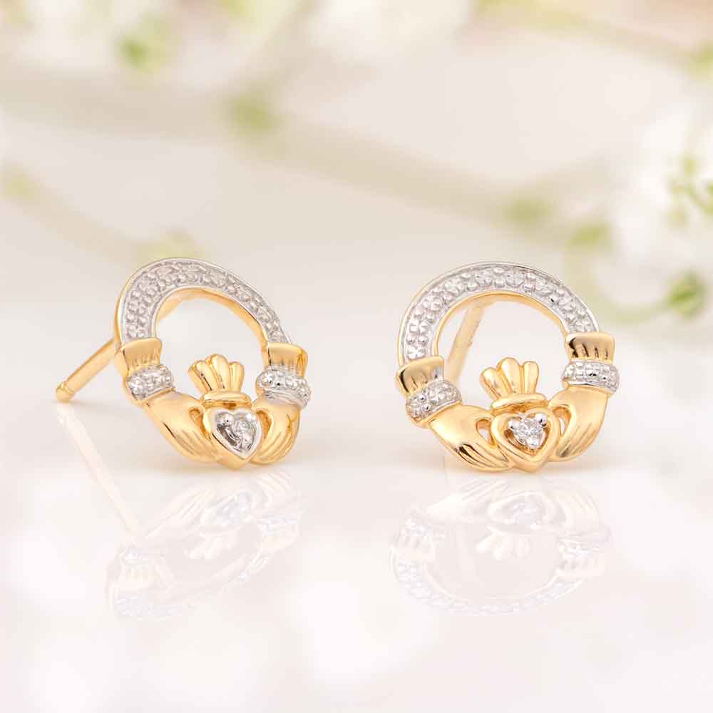Product image for Claddagh Earrings - 14k Gold with Diamonds Claddagh Stud Earrings