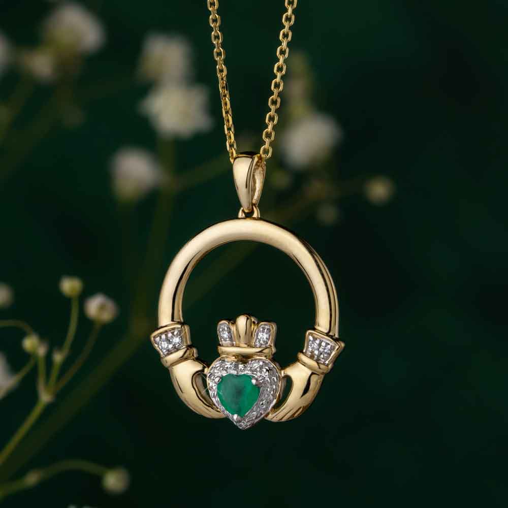 Product image for Irish Necklace | 14k Gold Emerald & Diamond Claddagh Pendant