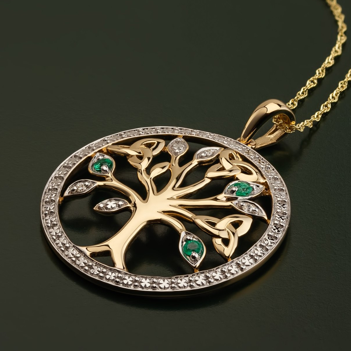 Product image for Irish Necklace - 14k Gold with Diamonds and Emeralds Tree of Life Pendant