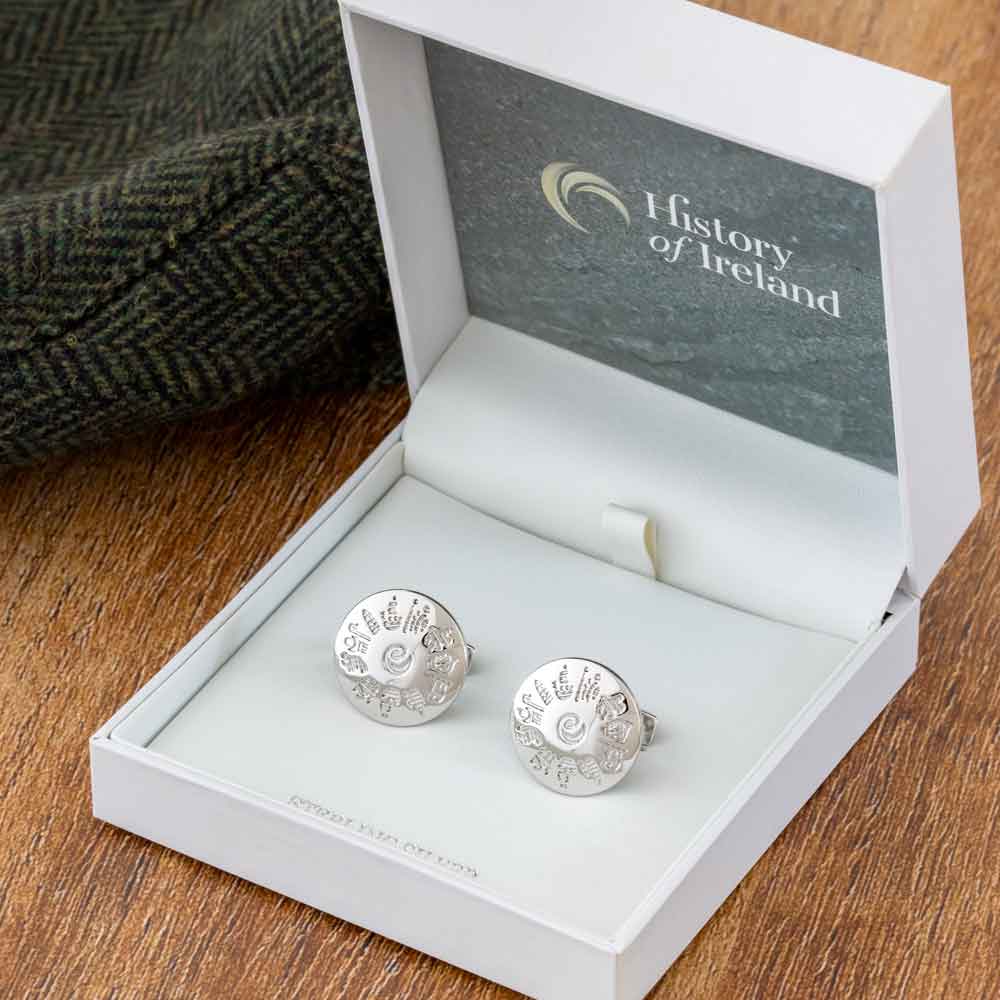 Irish Cufflinks Sterling Silver History of Ireland Round Cufflinks at