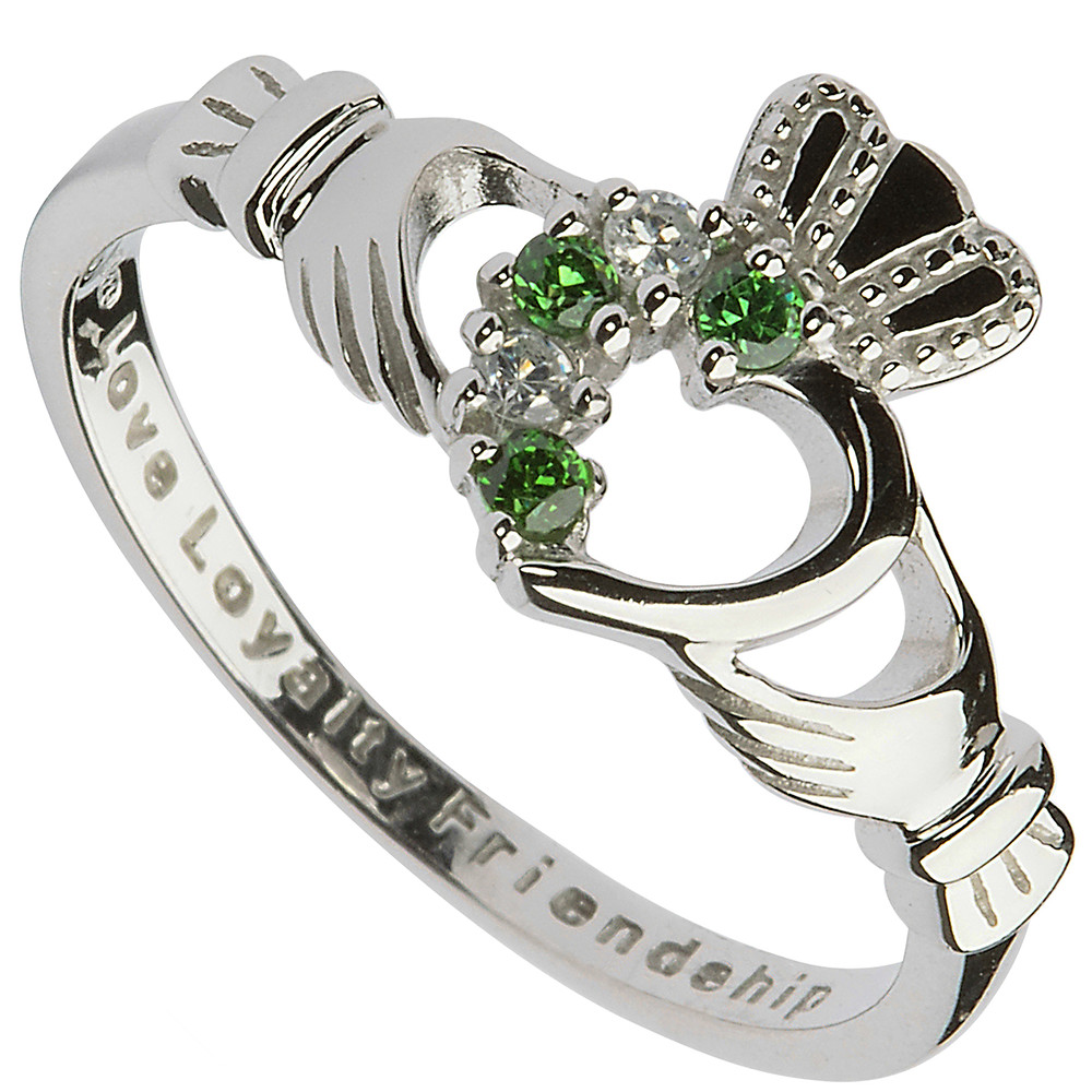 Product image for Claddagh Ring - Ladies Sterling Silver Claddagh with Green and CZ Gemstones