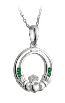 Product image for Irish Necklace - Sterling Silver and Green Crystals Claddagh Pendant with Chain