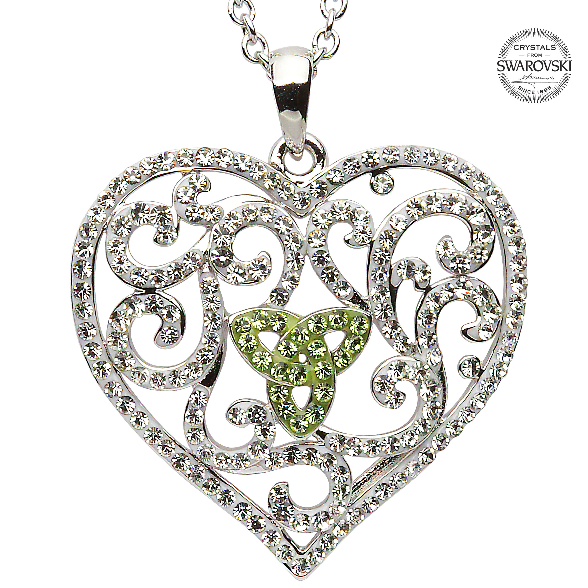 Product image for Irish Necklace Trinity Knot Heart Pendant with Green Swarovski Crystals Sterling Silver