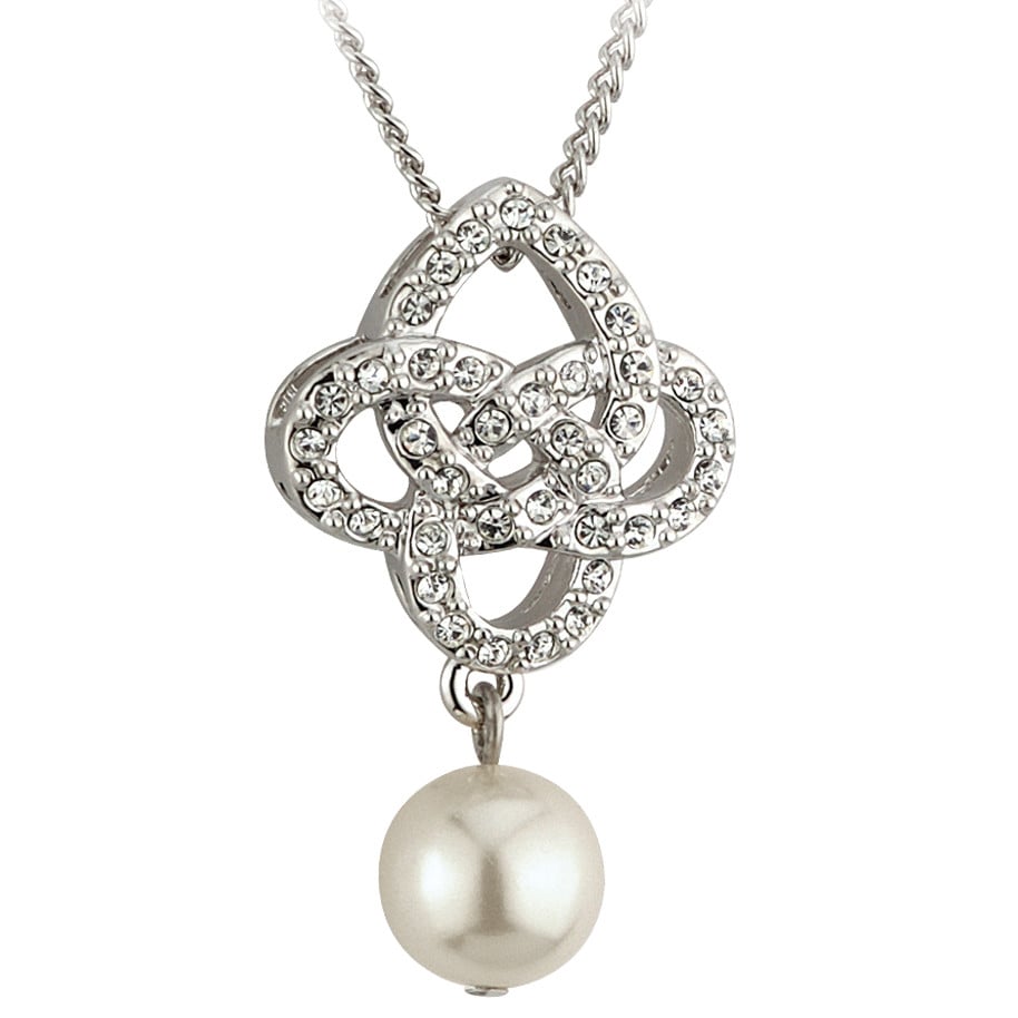 Irish Necklace Celtic Knot Pendant with Pearl & Crystals Rhodium