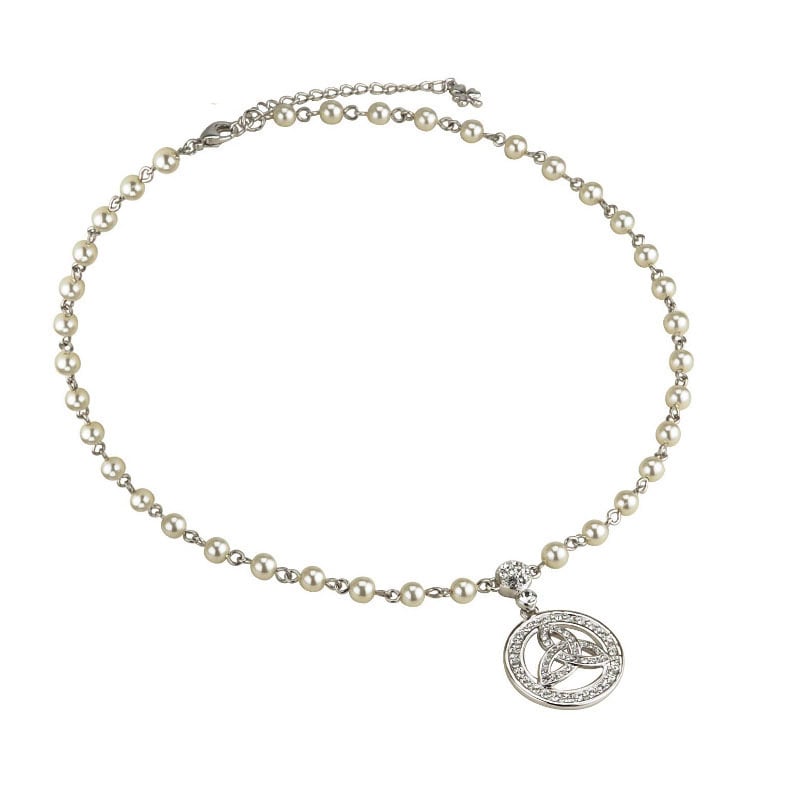 Product image for Irish Necklace - Pearl Silver Plated Crystal Trinity Knot Necklet
