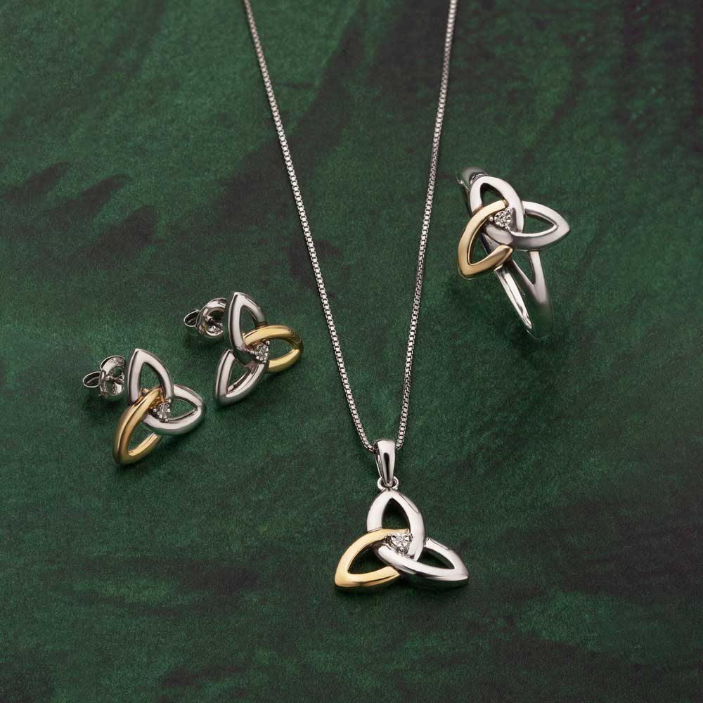 Product image for Irish Earrings | Diamond Sterling Silver and 10k Yellow Gold Stud Celtic Trinity Knot Earrings