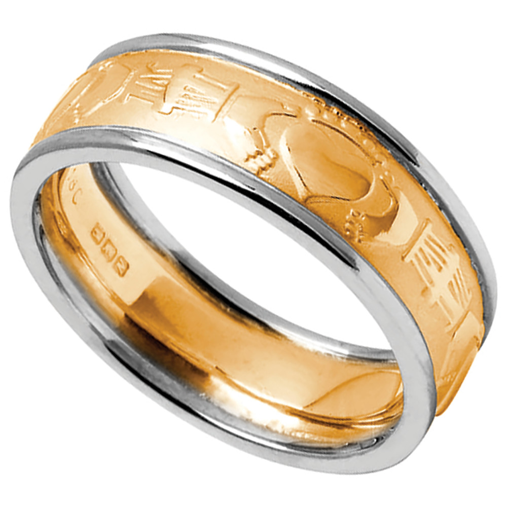 Product image for Claddagh Ring - Men's Yellow Gold with White Gold Trim Claddagh Court Wedding Band