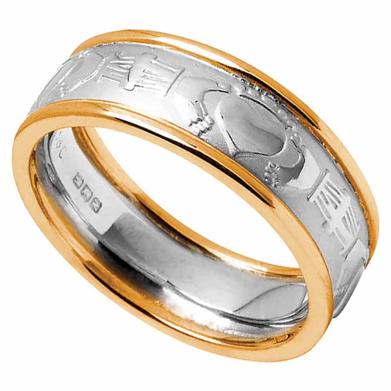 Product image for Claddagh Ring - Men's White Gold with Yellow Gold Trim Claddagh Court Wedding Band