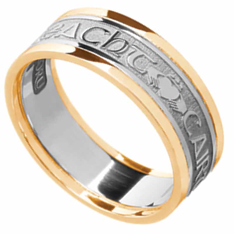 Product image for Irish Ring - Men's White Gold with Yellow Gold Trim - Gra Dilseacht Cairdeas 'Love, Loyalty, Friendship'  Irish Wedding Ring