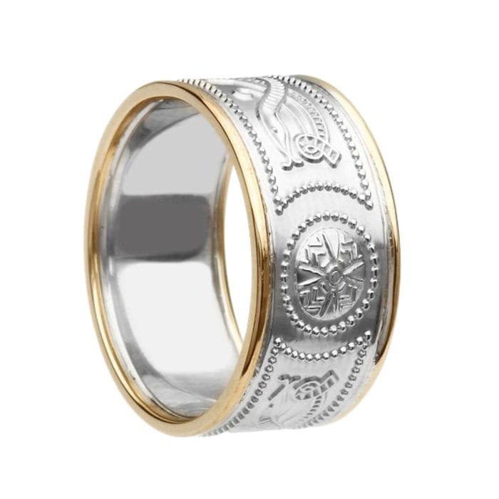 Product image for Celtic Ring - Men's White Gold with Yellow Gold Trim Warrior Shield Wedding Band