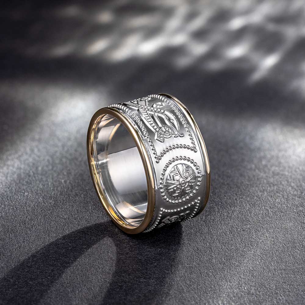 Product image for Celtic Ring - Men's White Gold with Yellow Gold Trim Warrior Shield Wedding Band