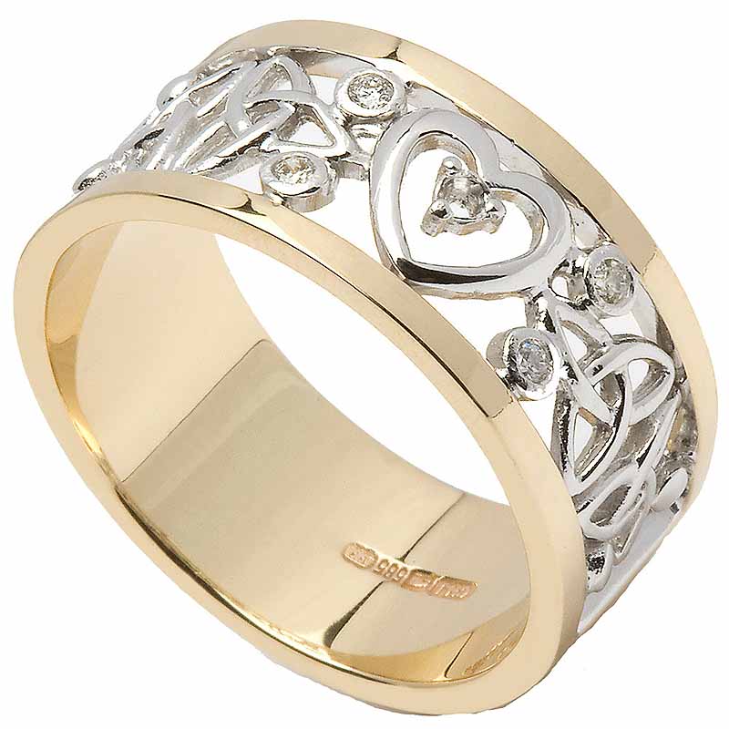 Product image for Trinity Knot Ring - Ladies 14k White Gold with Yellow Gold Trim Diamond Heart and Trinity Knot Wedding Band