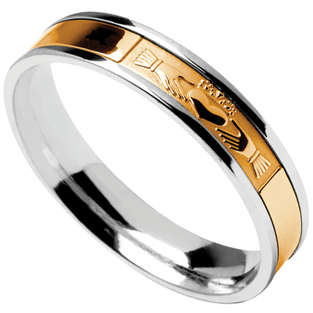 Claddagh Ring Men's Sterling Silver with 10k Yellow Gold