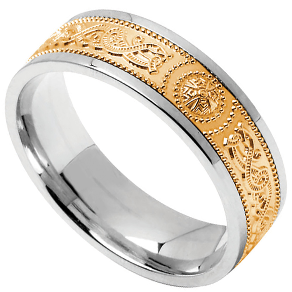 Product image for Celtic Ring - Ladies Sterling Silver with 10k Yellow Gold Wide Celtic Warrior Shield Irish Wedding Band