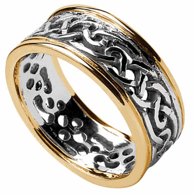 Product image for Celtic Ring - Men's White Gold with Yellow Gold Trim Filigree Celtic Wedding Band