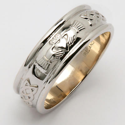 Irish Wedding Ring - Ladies Wide Sterling Silver Corrib Claddagh Wedding Band