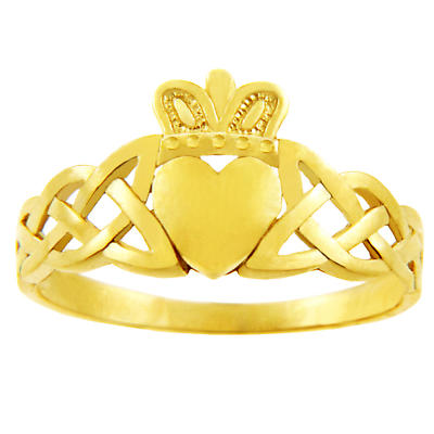 Claddagh Ring - Ladies Yellow Gold Claddagh Ring with Trinity Knot Band