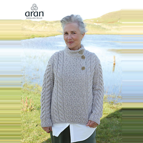 Irish Wool Sweater - Ladies Super Soft Merino Wool Asymmetrical Multi-Cable Cardigan