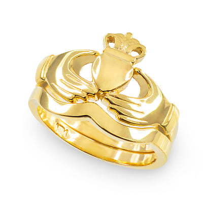Alternate Image 1 for Claddagh Ring - Two-Piece Yellow Gold Claddagh Engagement Ring with Band