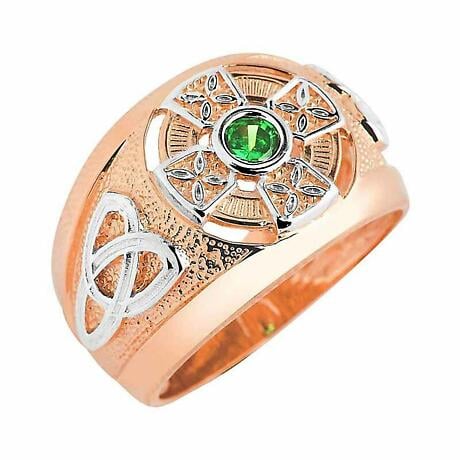 Product Image for Celtic Ring - Men's Two Tone Rose Gold Celtic Green Emerald CZ Ring