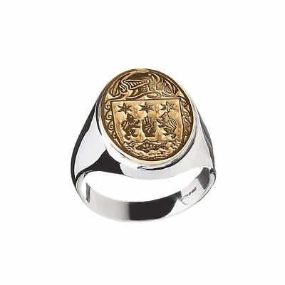 Irish Ring - Coat of Arms Sterling Silver and 10k Gold Mens Heavy Solid Oval Heraldic Ring