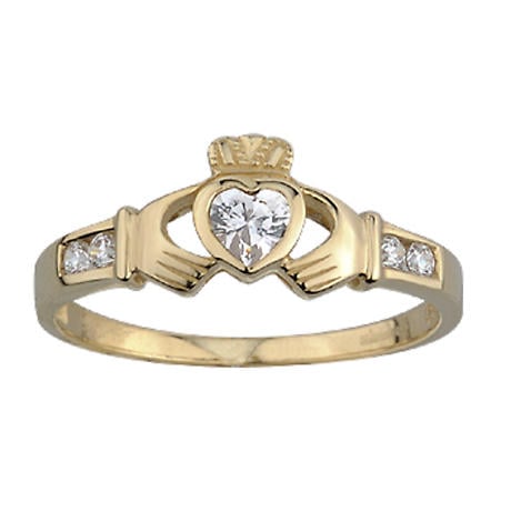 Product Image for Ladies 9k Gold with Cubic Zirconia Shoulders Irish Claddagh Ring