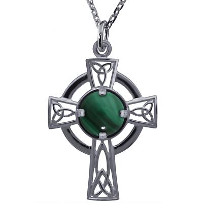 Irish Necklace - Sterling Silver Malachite Openwork Celtic Cross Pendant