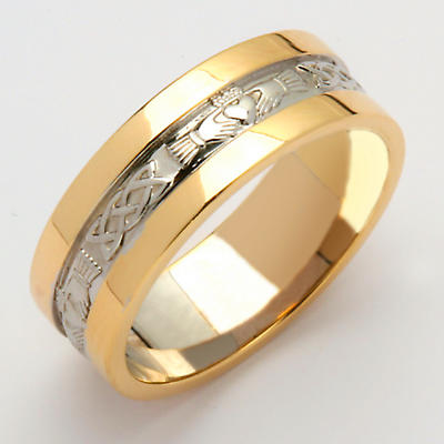 Irish Wedding Ring - Men's White Gold With Yellow Gold Rims Claddagh Wedding Band