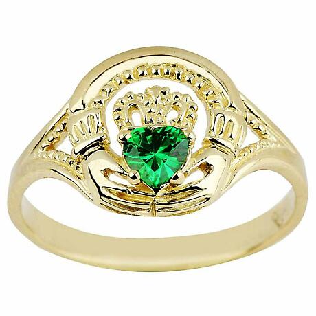 Claddagh Ring - Ladies Yellow Gold Claddagh Ring with Emerald