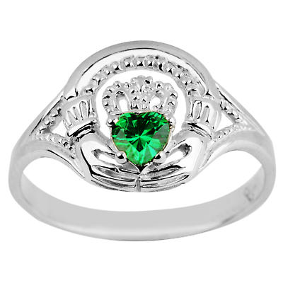Claddagh Ring - Ladies White Gold Claddagh Ring with Emerald