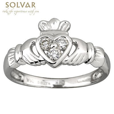 Claddagh Ring - Ladies 14k White Gold and 3 Diamond Heart Claddagh