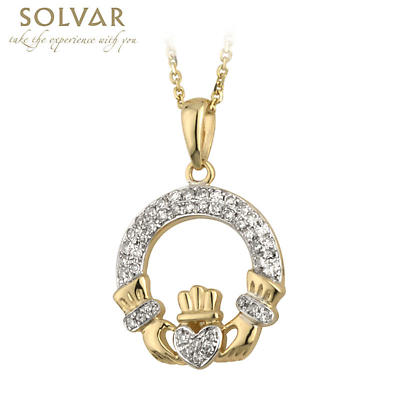 Product Image for Irish Necklace - 14k Gold and Micro Diamond Claddagh Pendant with Chain