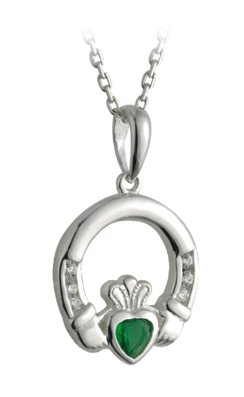 Irish Necklace - Sterling Silver with Emerald and CZ Claddagh Pendant with Chain