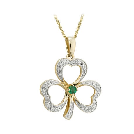 Shamrock Necklace - 14k Gold with Diamonds and Emerald Open Shamrock Pendant