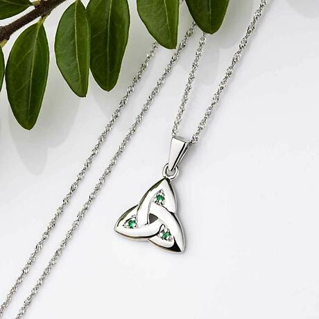 Alternate Image 1 for SALE | Irish Necklace - 14k White Gold Trinity Knot with Emeralds Pendant with Chain