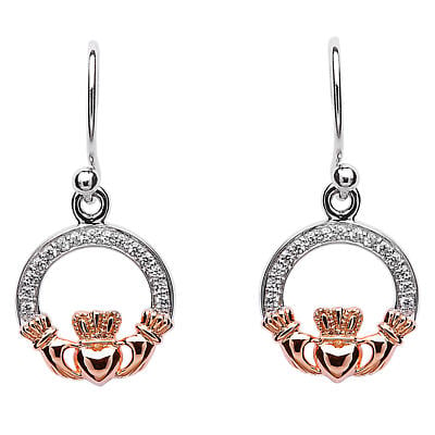 Claddagh Earrings - Sterling Silver Claddagh Stone Set Rose Gold Plated Earrings