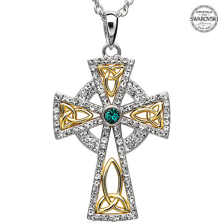 Product Image for Celtic Cross Necklace - Sterling Silver and Gold Plated Trinity Gold Plated Cross Embellished with Emerald Swarovski Crystals