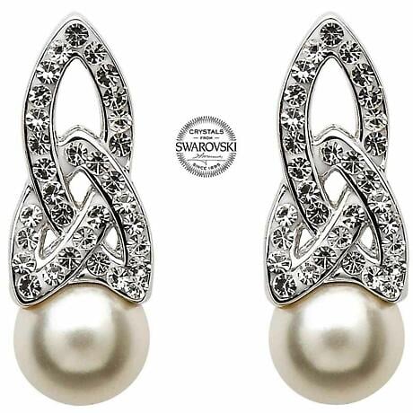 Celtic Earrings - Sterling Silver Celtic Pearl Earrings Adorned by Swarovski Crystals