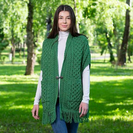 Irish Shawl | Ladies Merino Wool Aran Knit Shawl with Pockets