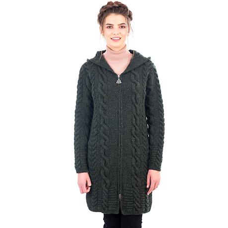 Alternate Image 2 for Irish Coat | Merino Wool Aran Cable Knit Hooded Ladies Jacket