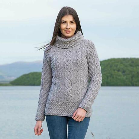 Alternate Image 4 for Irish Sweater | Merino Wool Aran Knit Cowl Neck Ladies Sweater