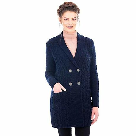 Alternate Image 1 for Irish Coat | Merino Wool Aran Knit Double Breasted Shawl Collar Ladies Coat