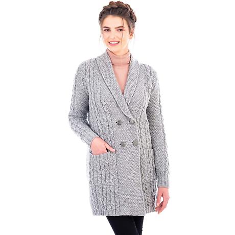 Product Image for Irish Coat | Merino Wool Aran Knit Double Breasted Shawl Collar Ladies Coat