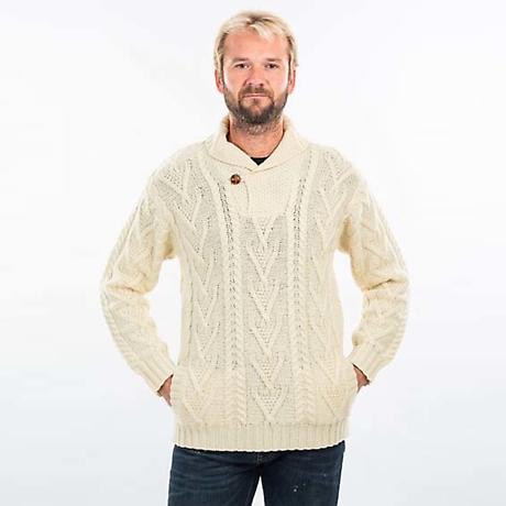 Product Image for Irish Sweater | Merino Wool Aran Knit Shawl Collar Single Button Mens Sweater
