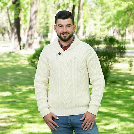 Irish Sweater | Merino Wool Aran Knit Shawl Collar Single Button Mens Sweater