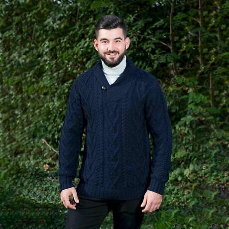 Alternate Image 3 for Irish Sweater | Merino Wool Aran Knit Shawl Collar Single Button Mens Sweater