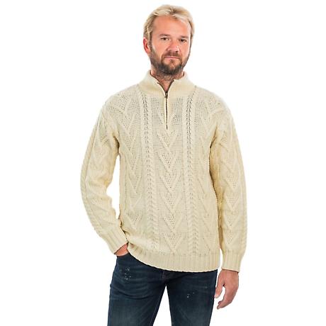 Alternate Image 5 for Irish Sweater | Merino Wool Aran Knit Zip Neck Fisherman Mens Sweater